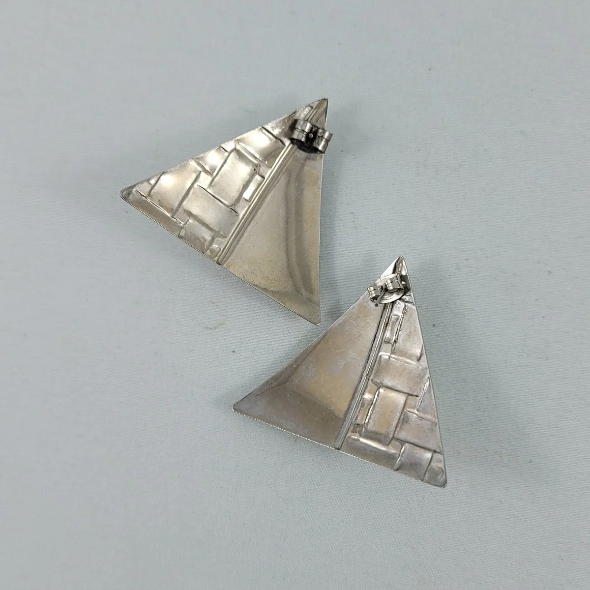 1990's Geometric Prong Set Rhinestone Iridescent Cabochon Bead 1.625 Inch Metal Domed Triangular Pierced Earrings -3.jpg