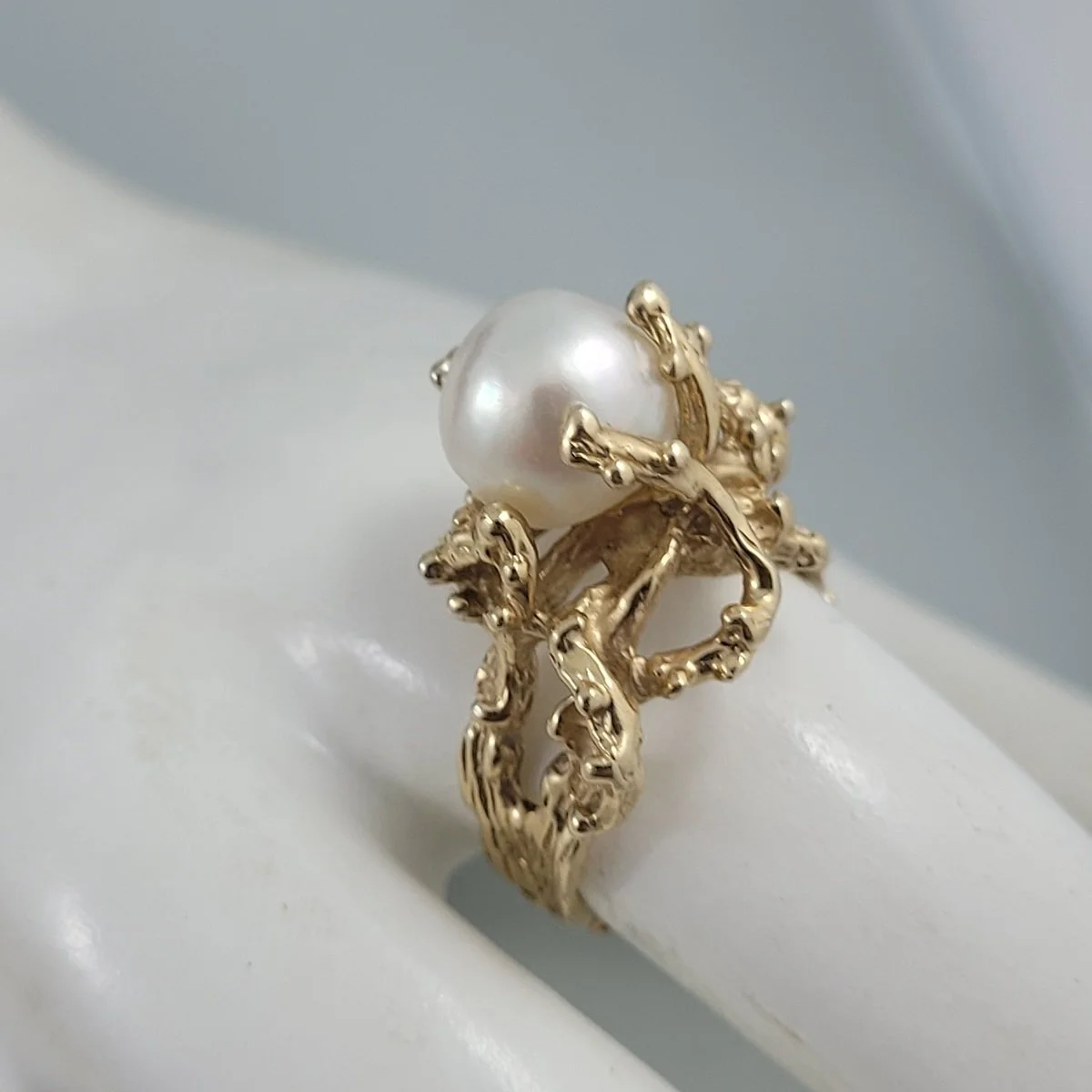 Organic Brutalist 14k 585 Gold Genuine Baroque Pearl Ring Sz 7 Pendant Pierced Earrings Demi Parure Set 5