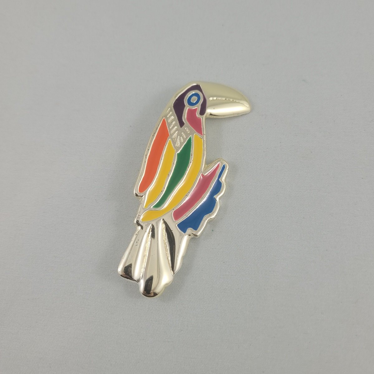Colorful Toucan Tropical Bird Perched Polished Silvertone Enameled 3 Inch Brooch