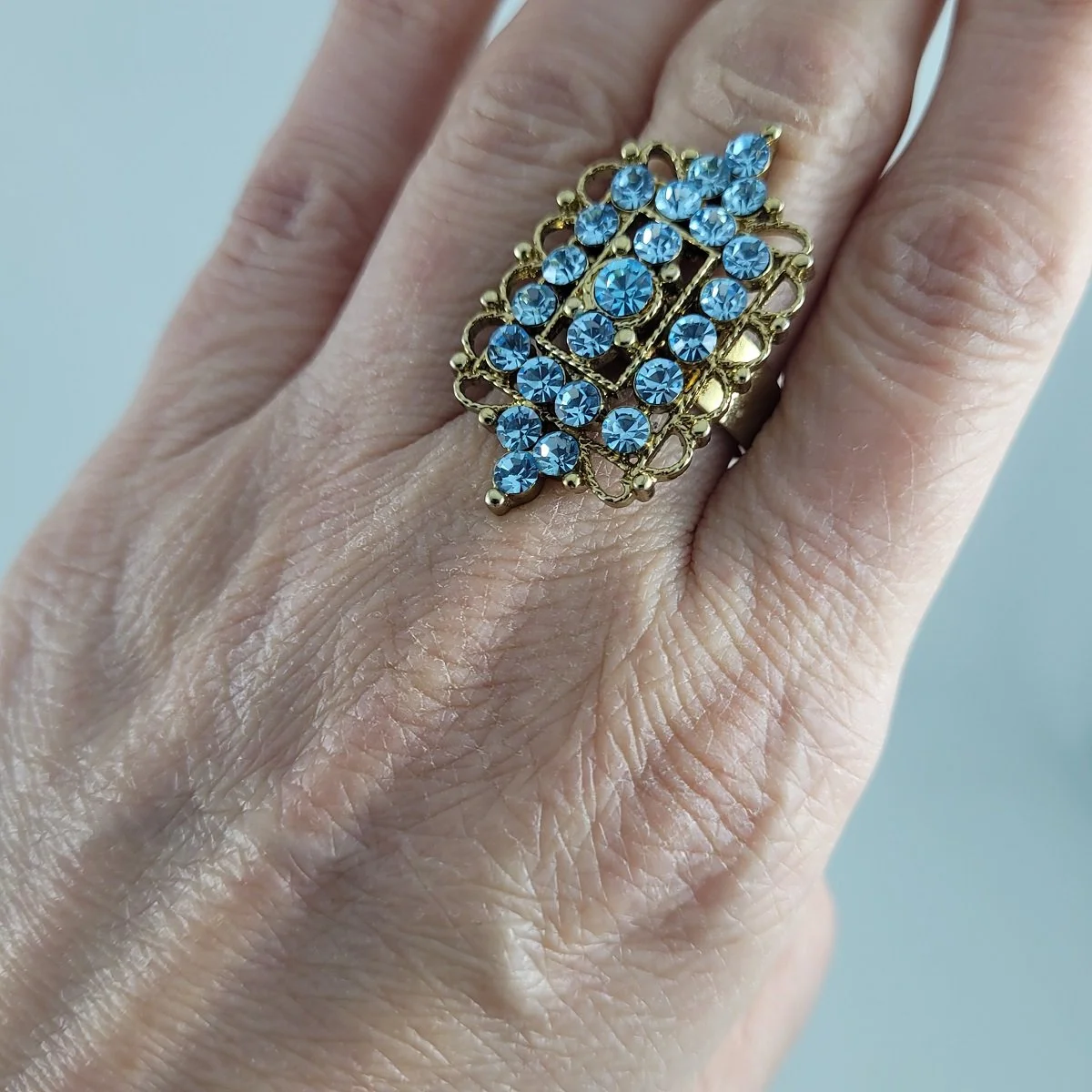 1960's Victorian Style Baby Blue Crystal Pave Rhinestone Brass-tone Adjustable Ring -4.jpg