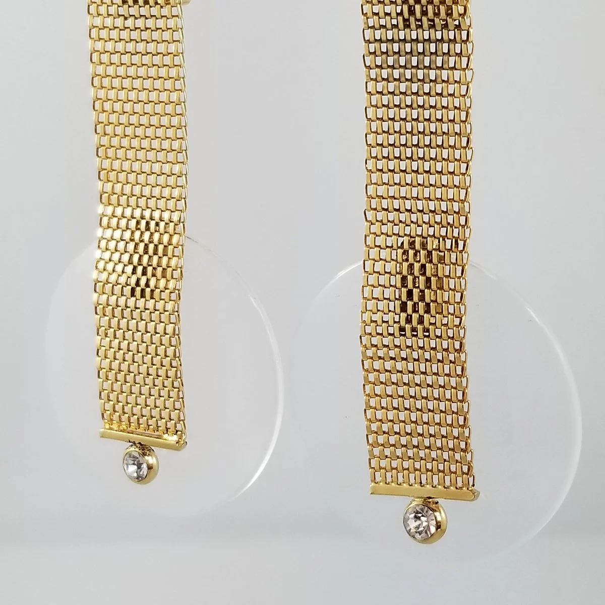 Postmodern Glam Woven Gold Flat Mesh Chainmaille Clear Lucite Disc Crystal Rhinestone Statement Clip-on Earrings -7.jpg (Copy)