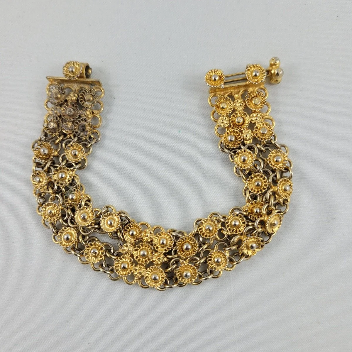 1940's Gold Plated Flower Panel Link Split Double Slide Bracelet with Push Pull Tube Slide Clasp -2.jpg (Copy)