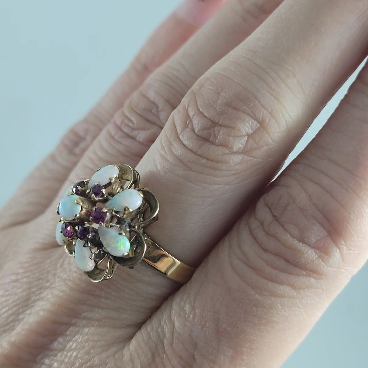 Thai Princess Harem Opal Ruby Cluster 10K Yellow Gold Flower Cocktail Ring Size 7 -14 (Copy)