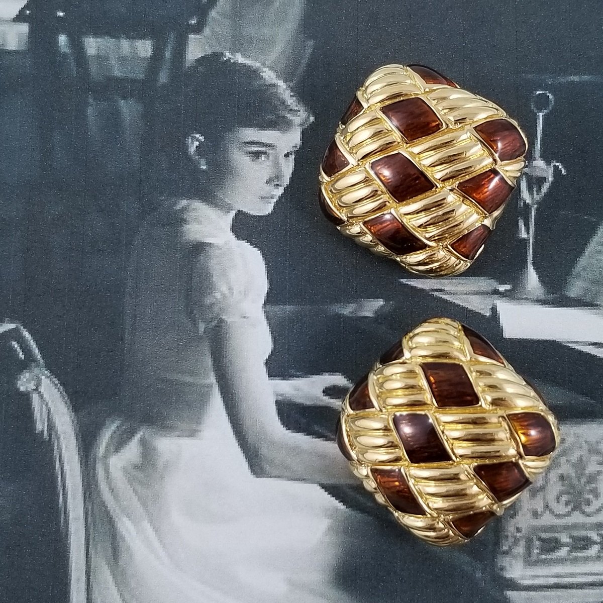 Ciner Burnt Orange Enamel Ribbed Basketweave Gold Clip-on Earrings -3.jpg