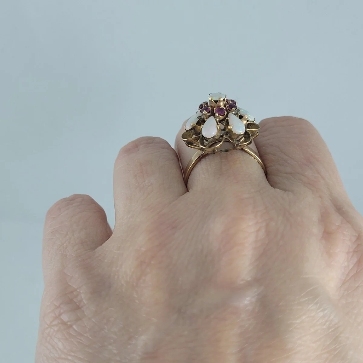 Thai Princess Harem Opal Ruby Cluster 10K Yellow Gold Flower Cocktail Ring Size 7 -16 (Copy)