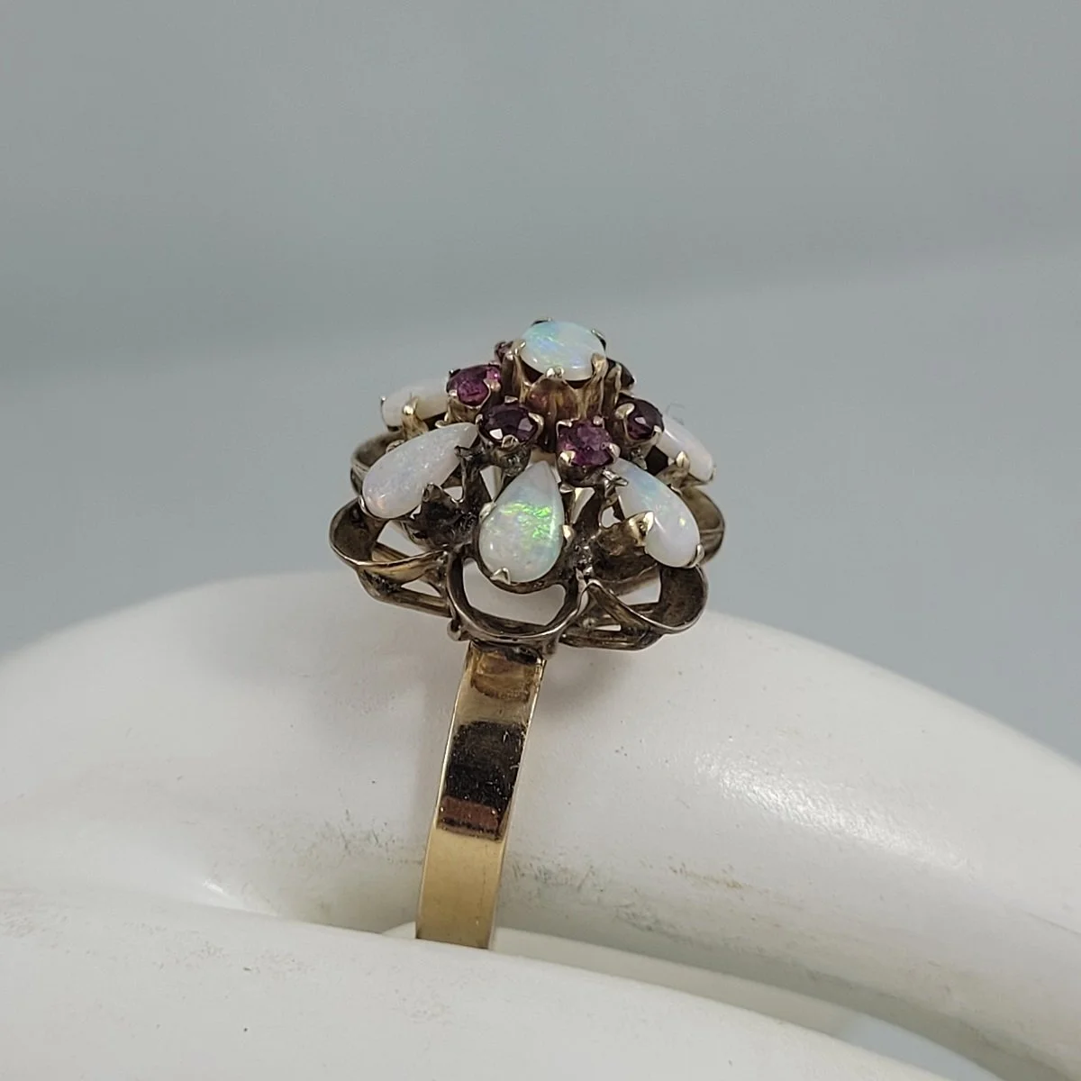 Thai Princess Harem Opal Ruby Cluster 10K Yellow Gold Flower Cocktail Ring Size 7 (Copy)