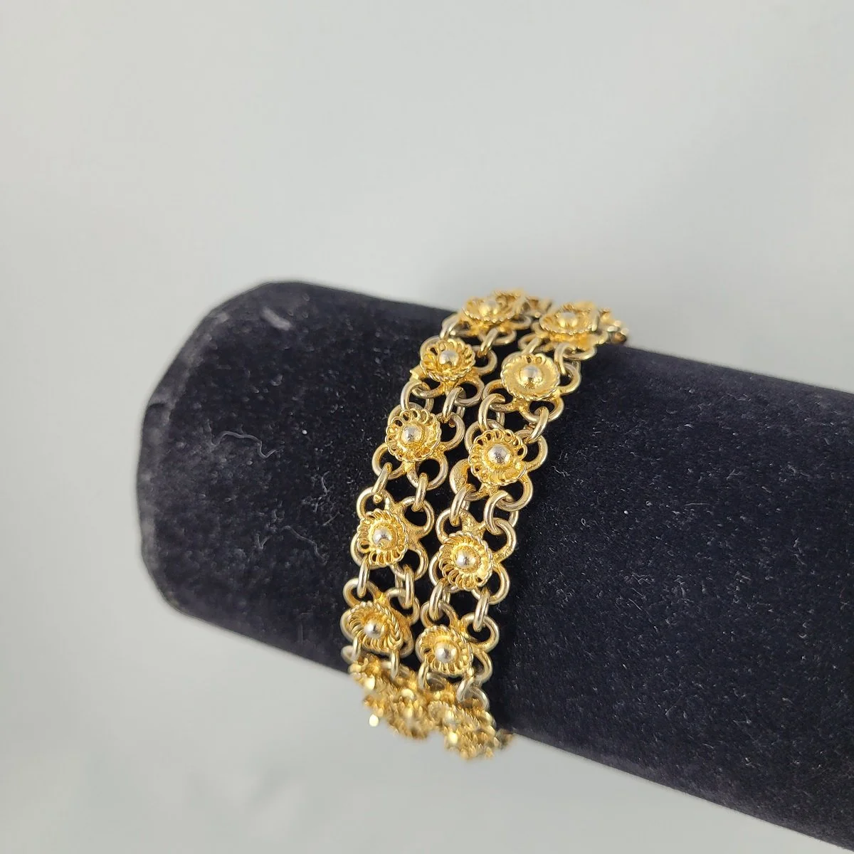 1940's Gold Plated Flower Panel Link Split Double Slide Bracelet with Push Pull Tube Slide Clasp