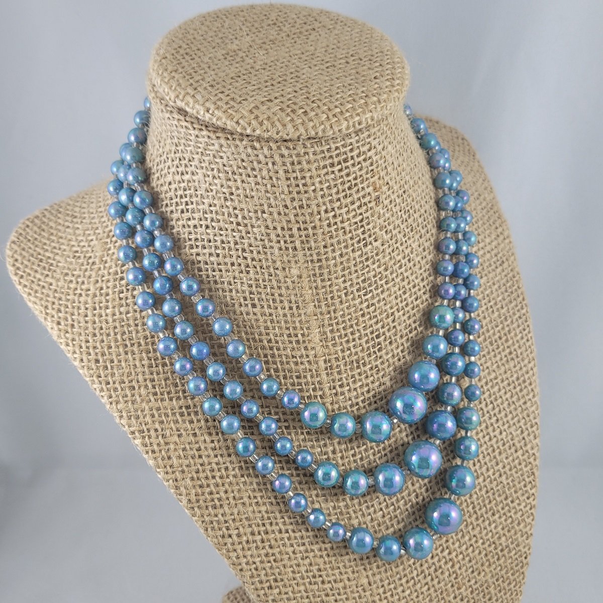 Japan 1950's Triple Strand Iridescent Peacock Blue Graduated Bead Choker Princess Necklace