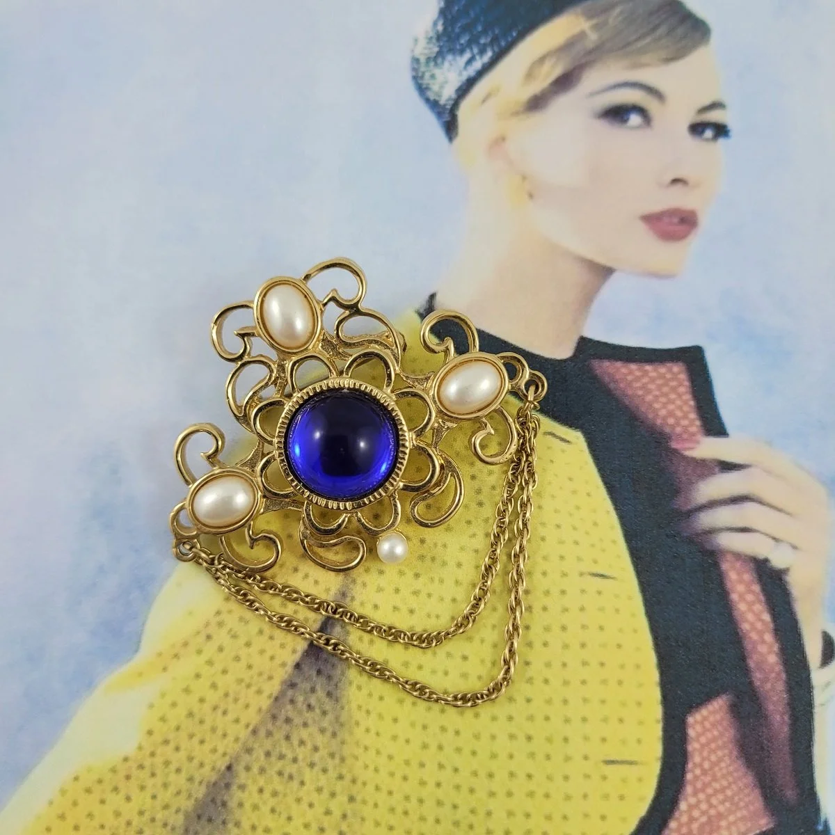 1928 Jewelry Victorian Revival Regency Cobalt Blue Gripoix-Style Resin Cabochon Mabe Pearl Double Swag Chain Chatelaine Inspired Gold-tone Brooch -1.jpg