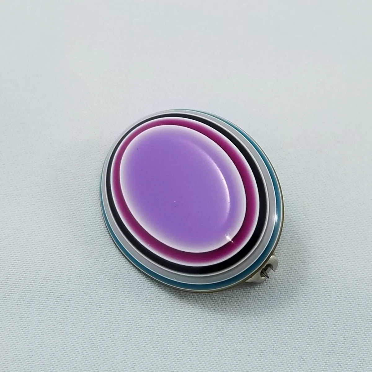 Lea Stein Paris Purple Striped Rhodoid Laminated Oval Brooch - Original Foil