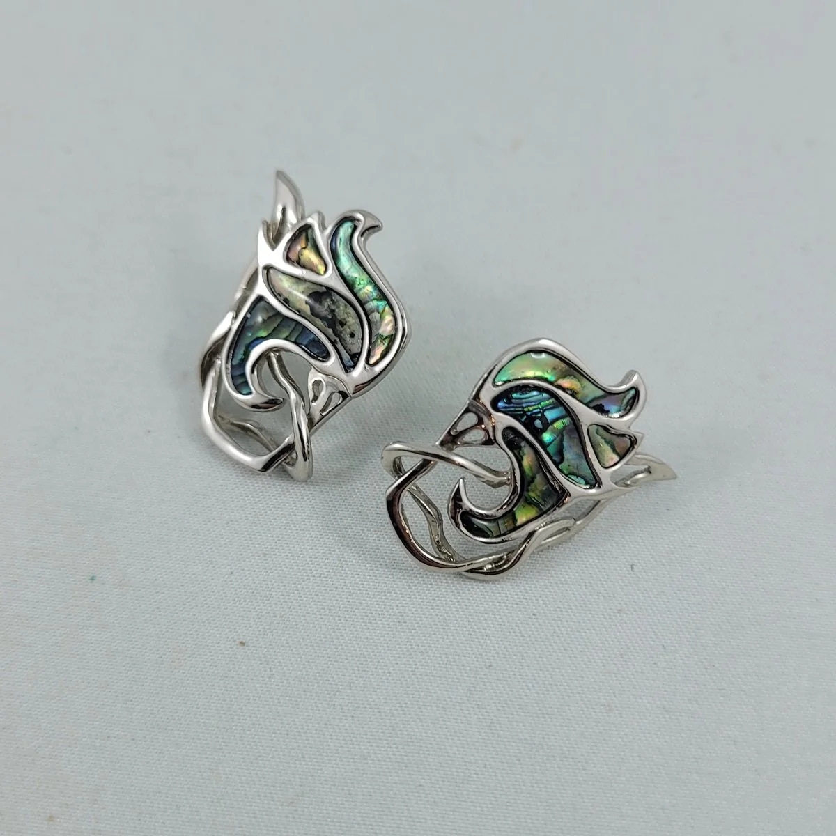 Duri 1980’s Art Nouveau Revival Abalone Shell Inlay Organic Shield Silver-Tone Pierced Earrings -1.jpg