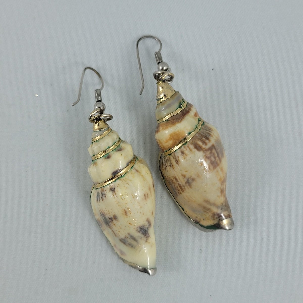 Conch Shell Seashell Gold Trim 2.75 Inch Drop Pierced Earrings Top View