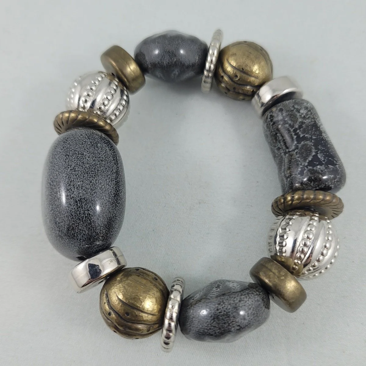 Boho Designer Quality Glazed Clay Pottery Textured Brass Silver Oversized Ceramic Bead Stretch Elasticized Bracelet -6.jpg
