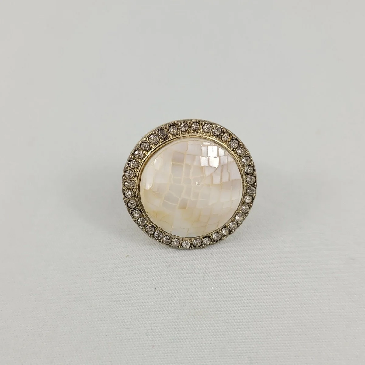 Plated Copper Channel Set Crystal Rhinestone Border Mosaic Mother of Pearl Shell Domed Cabochon 26.3mm Cocktail Ring Size 6.5 Front