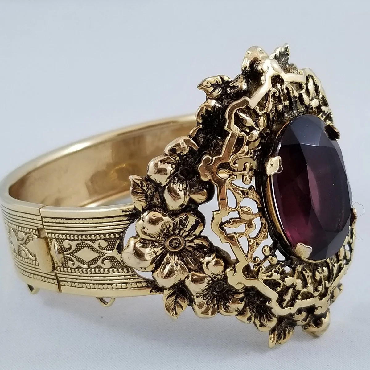 Gothic Revival Bangle Amethyst Glass Etched Scroll Gold-Tone Hinged Bracelet -2.jpg