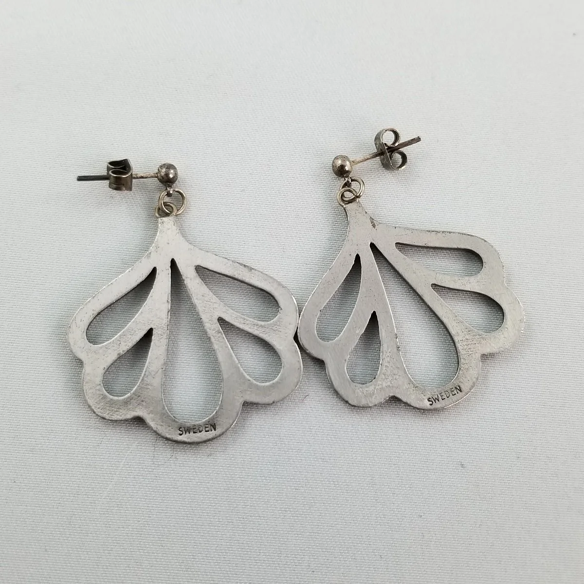 Sweden Signed Modernist 1960's Scandinavian Pewter Openwork Shell Nouveau Fan Flower Motif 1.5 Inch Post Pierced Earrings -2.jpg