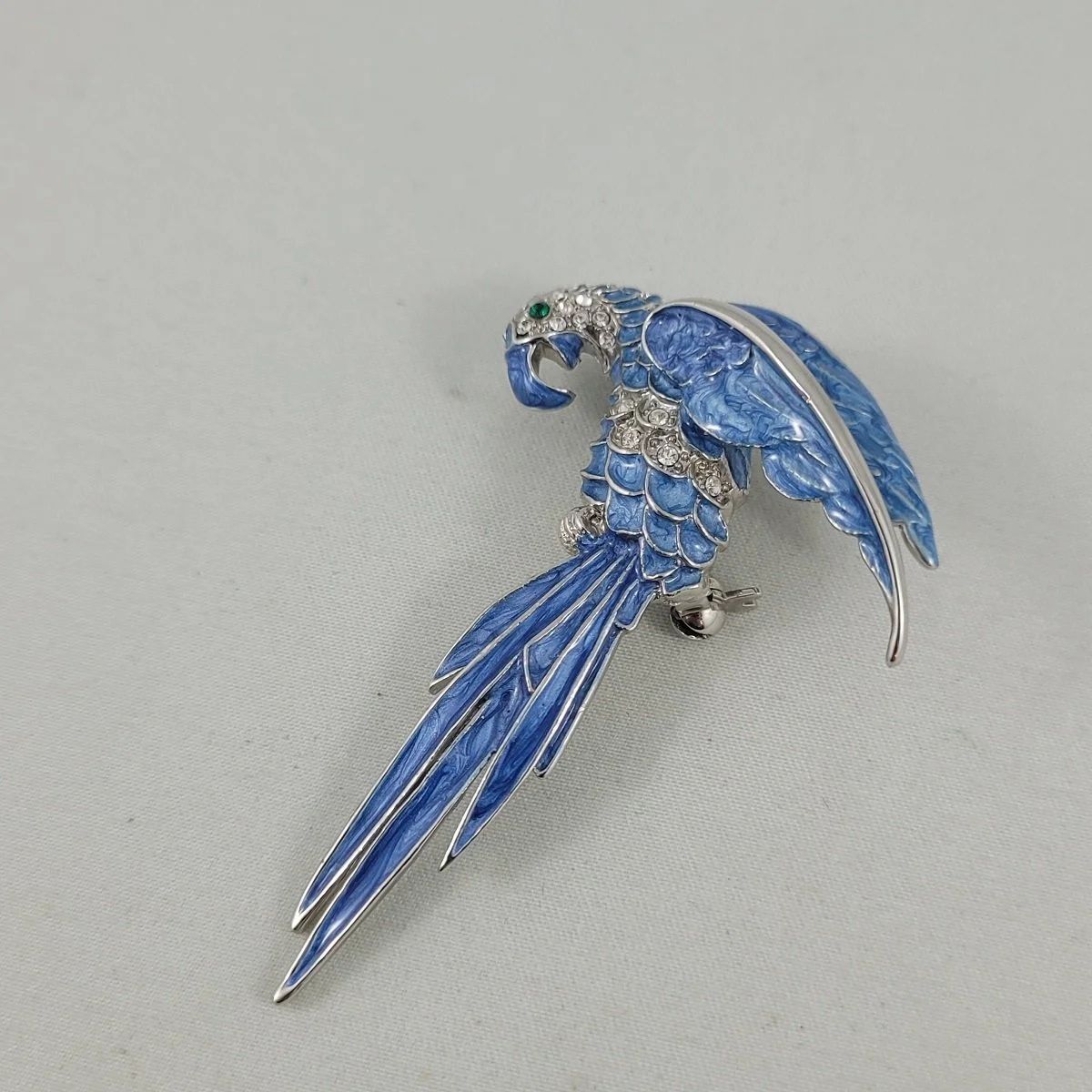 Blue Gloss Enamel Pave Crystal Rhinestone Green Eye Silver Plate Parrot Brooch 2 (Copy)