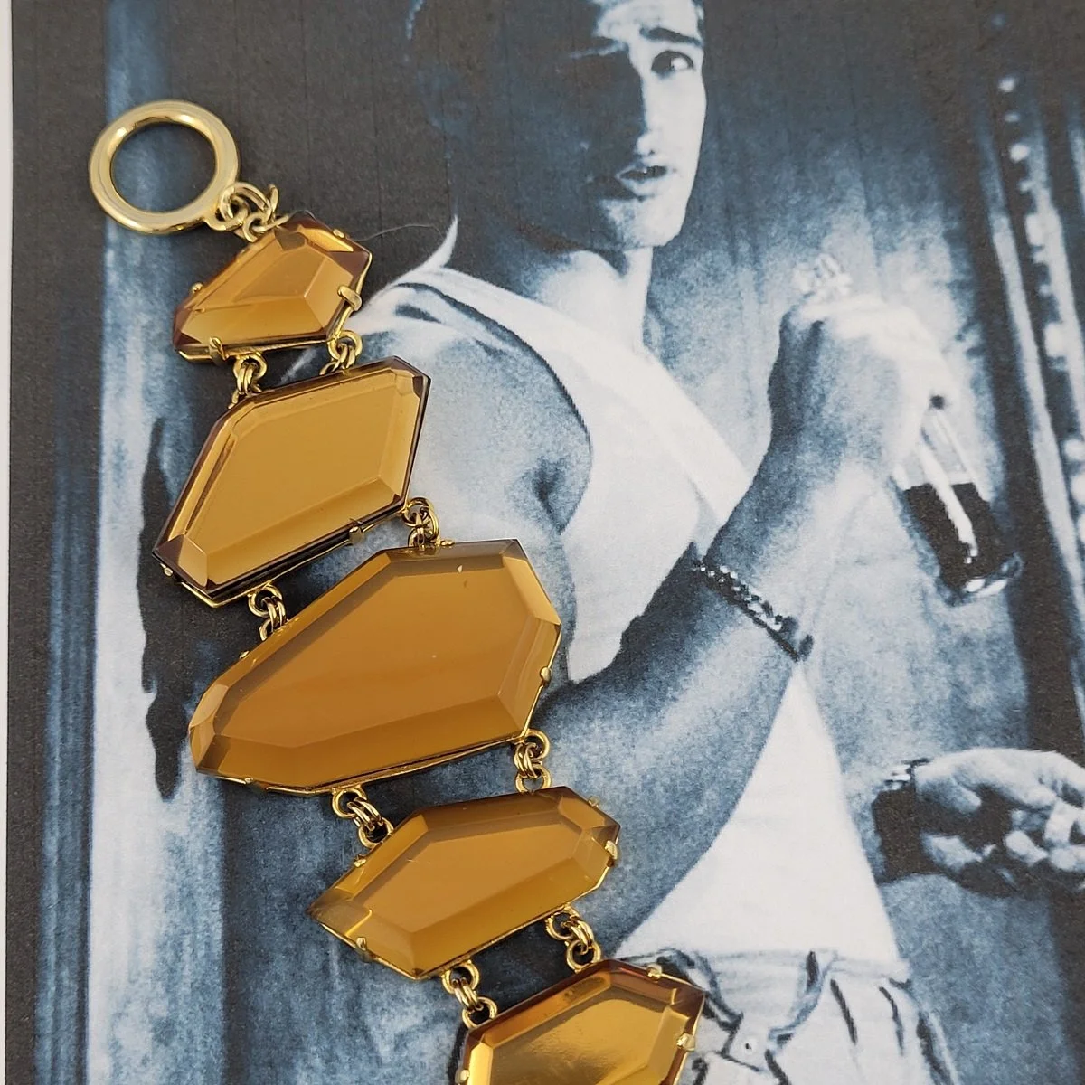 Freeform Faceted Simulated Amber Gems Prong Set Open Back Gold Plated Frame Panel Link Bracelet -12.jpg (Copy)