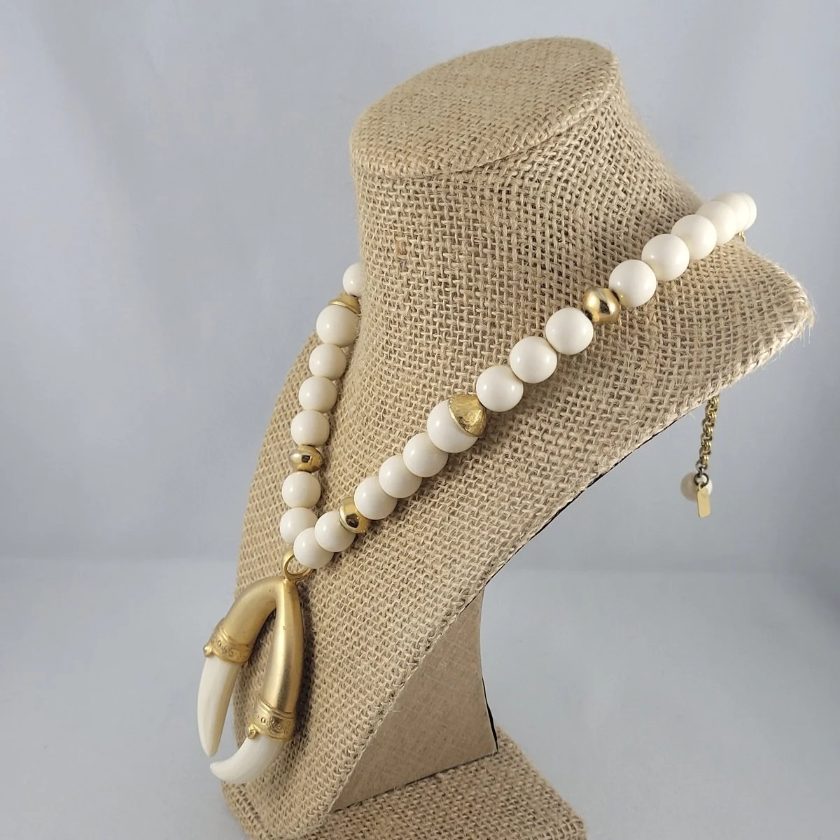 Kenneth Jay Lane KJL Round Bead Satin Gold Faux Ivory Horn Tusk Fixed Pendant Beaded Matinee Necklace -7.jpg (Copy)
