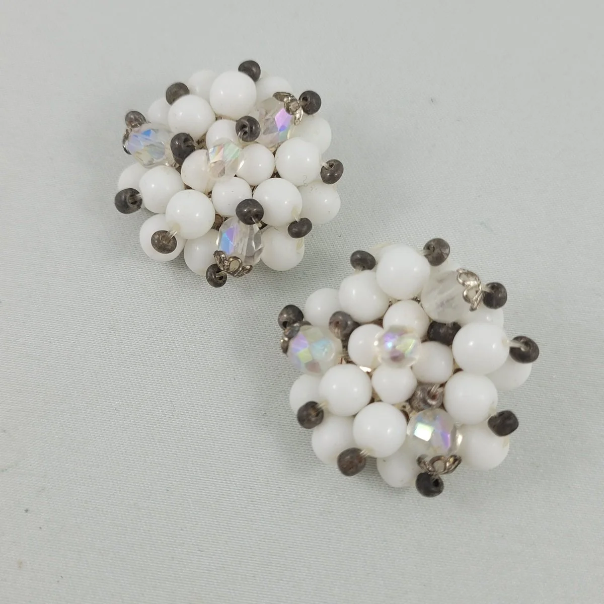 1955 - 1960's Round Milk Glass Faceted Aurora Borealis Crystal Bead Cluster Copper Clip-on 1.25 Inch Earrings Side View