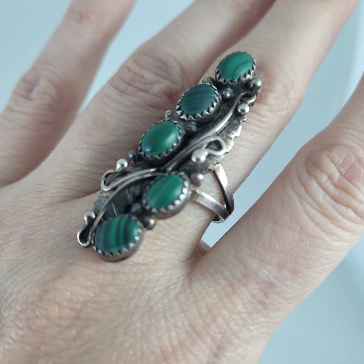 Southwest Native American Navajo Artist Signed Sterling Silver Bezel Set Malachite Gemstone Shield Ring Sz 7.5 -1 (Copy)