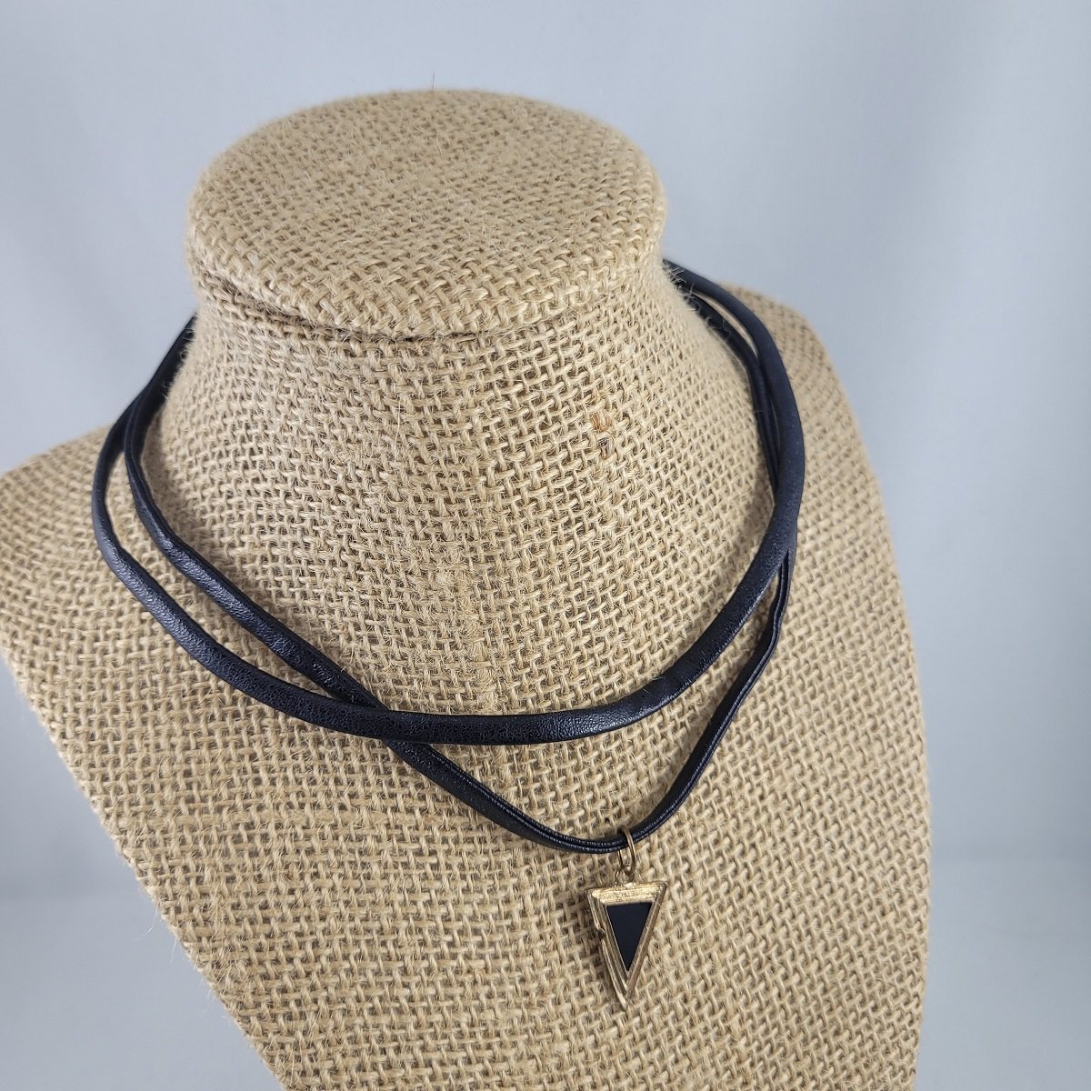 Double Banded Black Pleather Enameled Plated Copper Pendant Adjustable 17 Inch Choker Collar Necklace