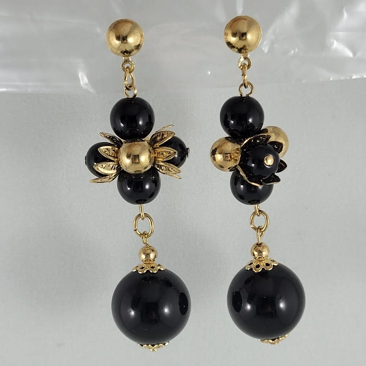 Black Bead Cluster 3 Inch Dangle Drop Pierced Earrings w Gold Accent -2.jpg