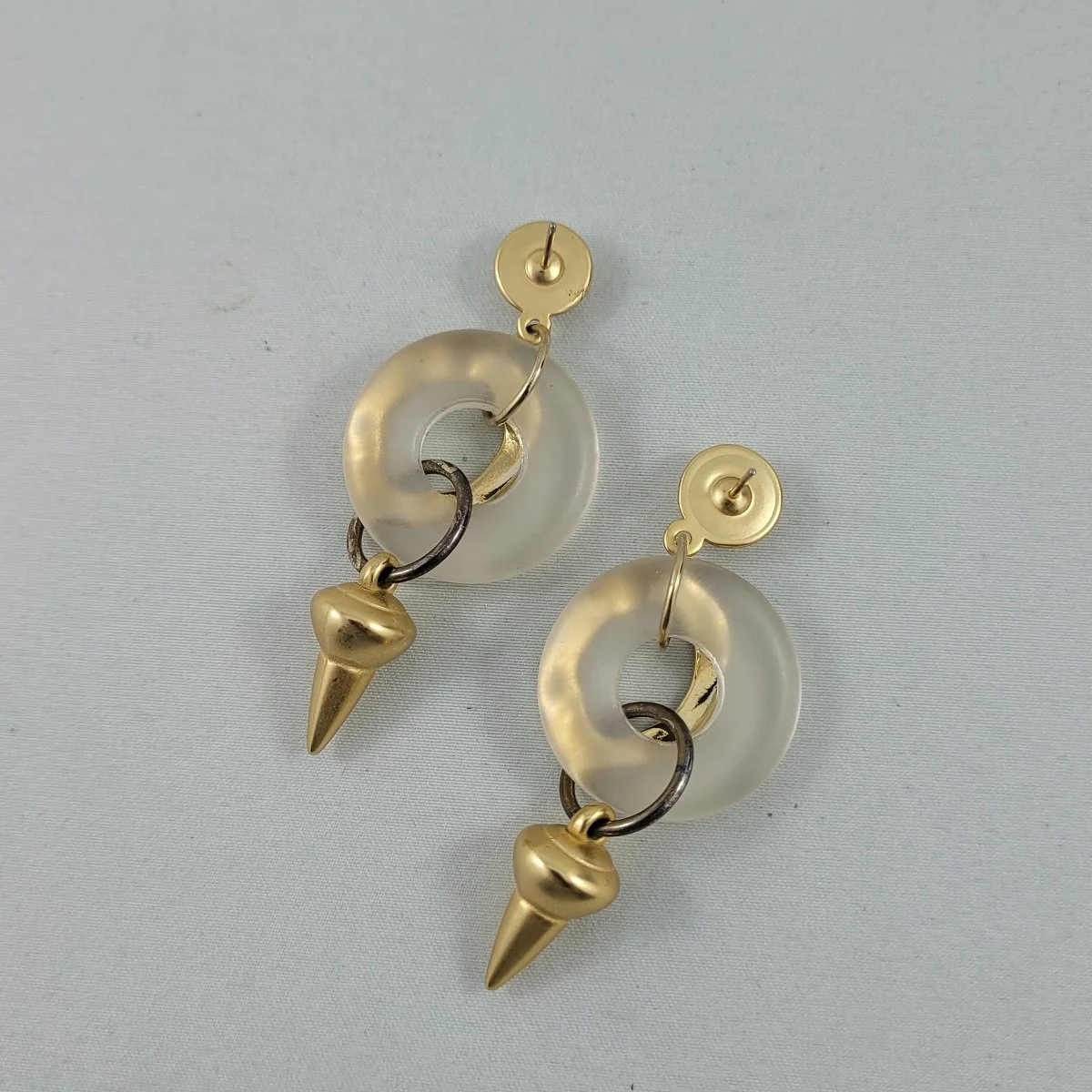 1990's Satin Matte Gold Frosted Plastic O's Spike Drop 2.5 Inch Dangle Pierced Earrings -2.jpg