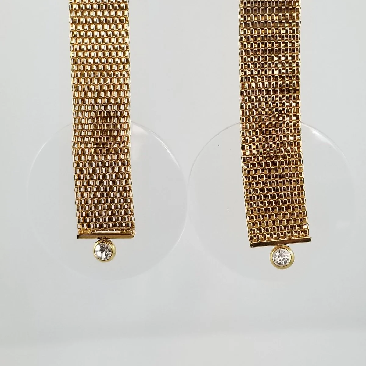 Postmodern Glam Woven Gold Flat Mesh Chainmaille Clear Lucite Disc Crystal Rhinestone Statement Clip-on Earrings -5.jpg (Copy)