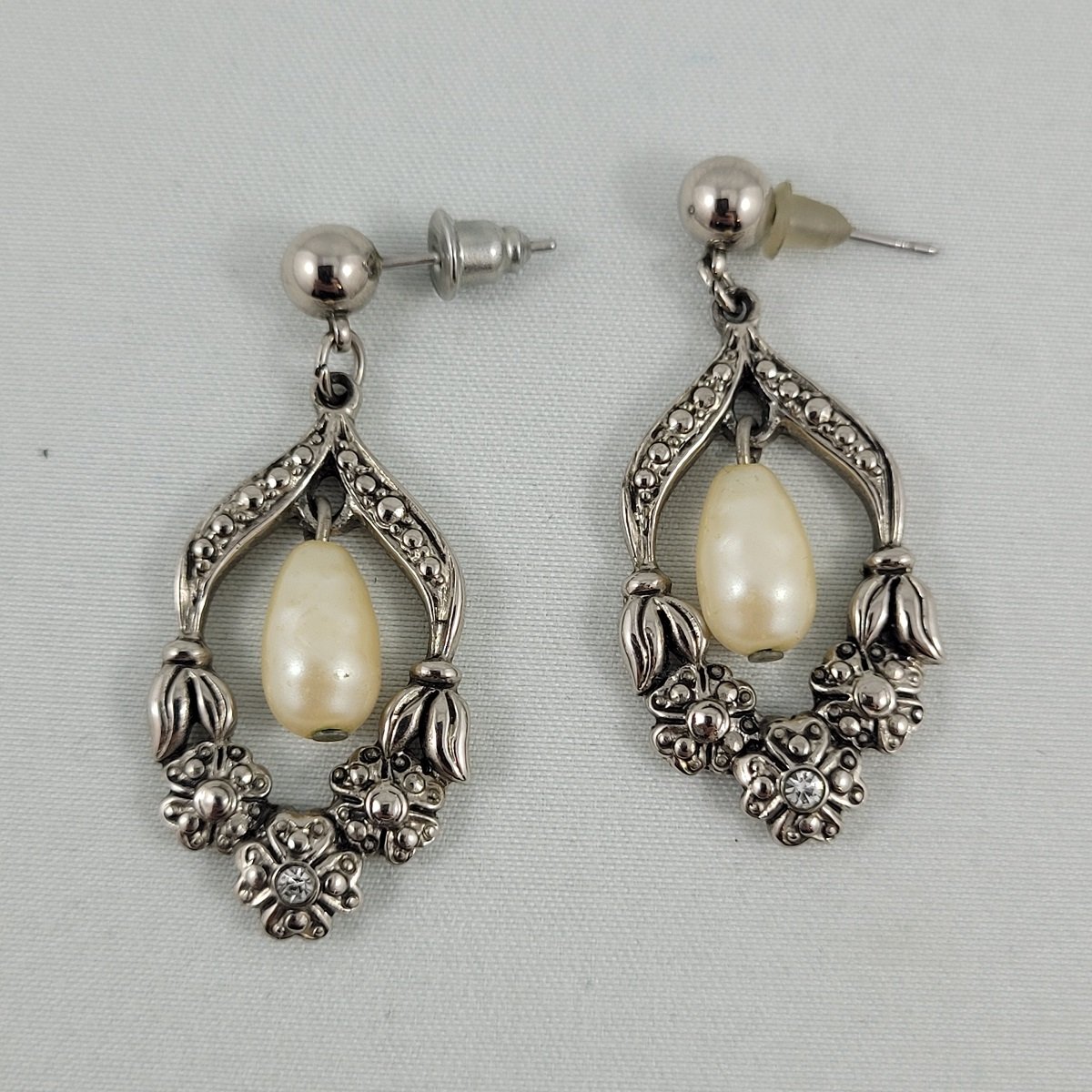 Art Nouveau Style Faux Pearl Marcasite Rhinestone 1.5 Inch Dangle Drop Silver Pierced Earrings