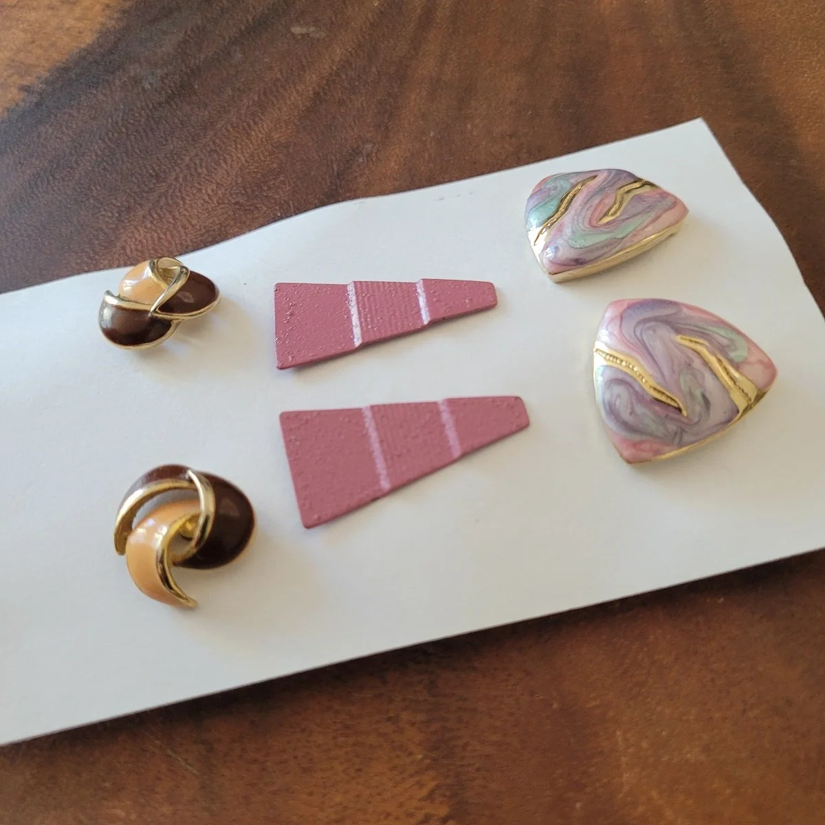 THREE PAIRS - 1990's Glam Pink Purple Sparkle Enamel Pyramid Textured Enamel Brown Peach Gloss Gold-tone Pierced Earrings Side View