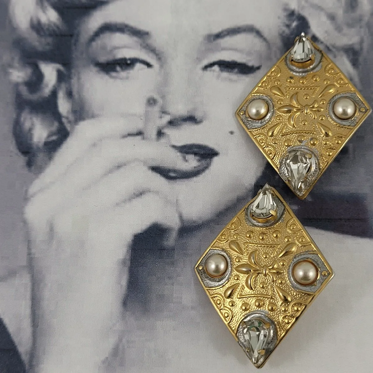 Fleur-de-Lis Curved Diamond Shape Repousse Pierced Hook Earrings with Double Pearls Prong Set Teardrop Clear Rhinestones.jpg (Copy)