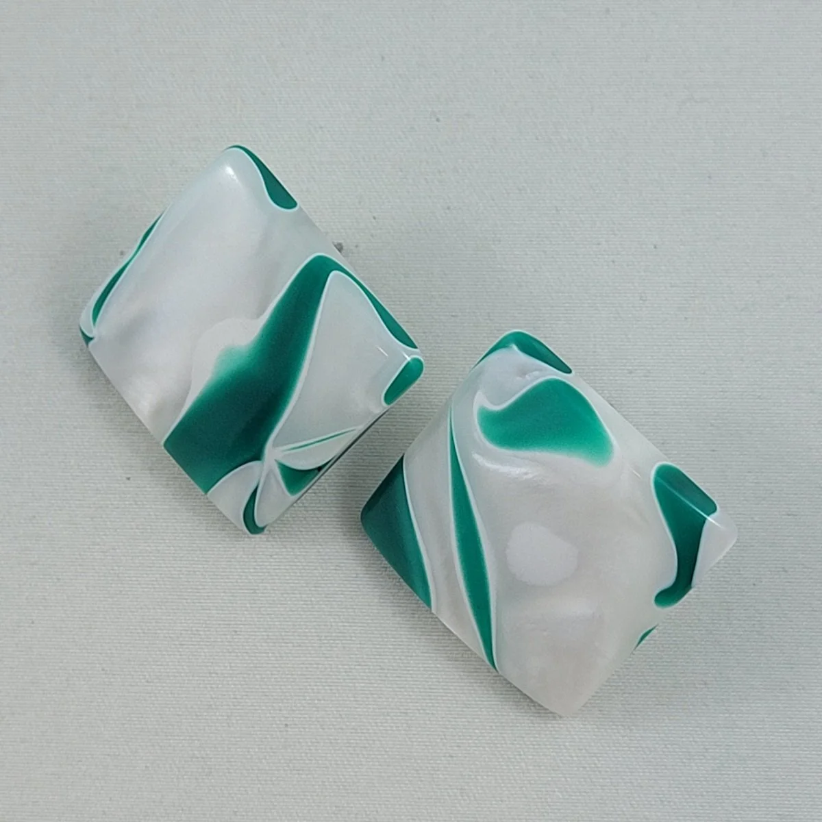François Schoenlaub Guillemette L'Hoir Paris Postmodern Memphis Geometric Marbled Pearlized Milky White Infused Emerald Green Swirl Rhodoid Square Pierced Earrings -4.jpg (Copy)