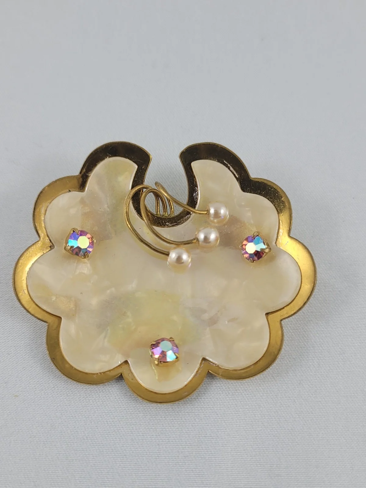 West Germany Matte Brass Pearlized Moonglow Lucite Pink Aurora Borealis Faux Pearl Mid Century Cloud Brooch