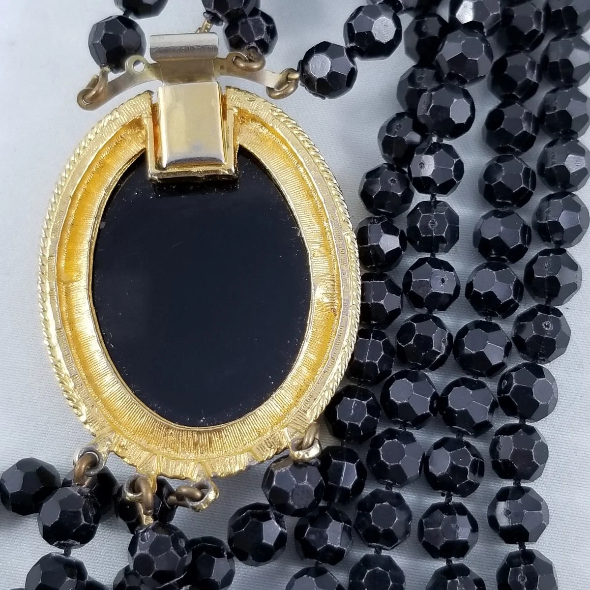 Mourning Style Gothic Simulated Hematite Cameo Multi-strand Gilt Necklace -2.jpg