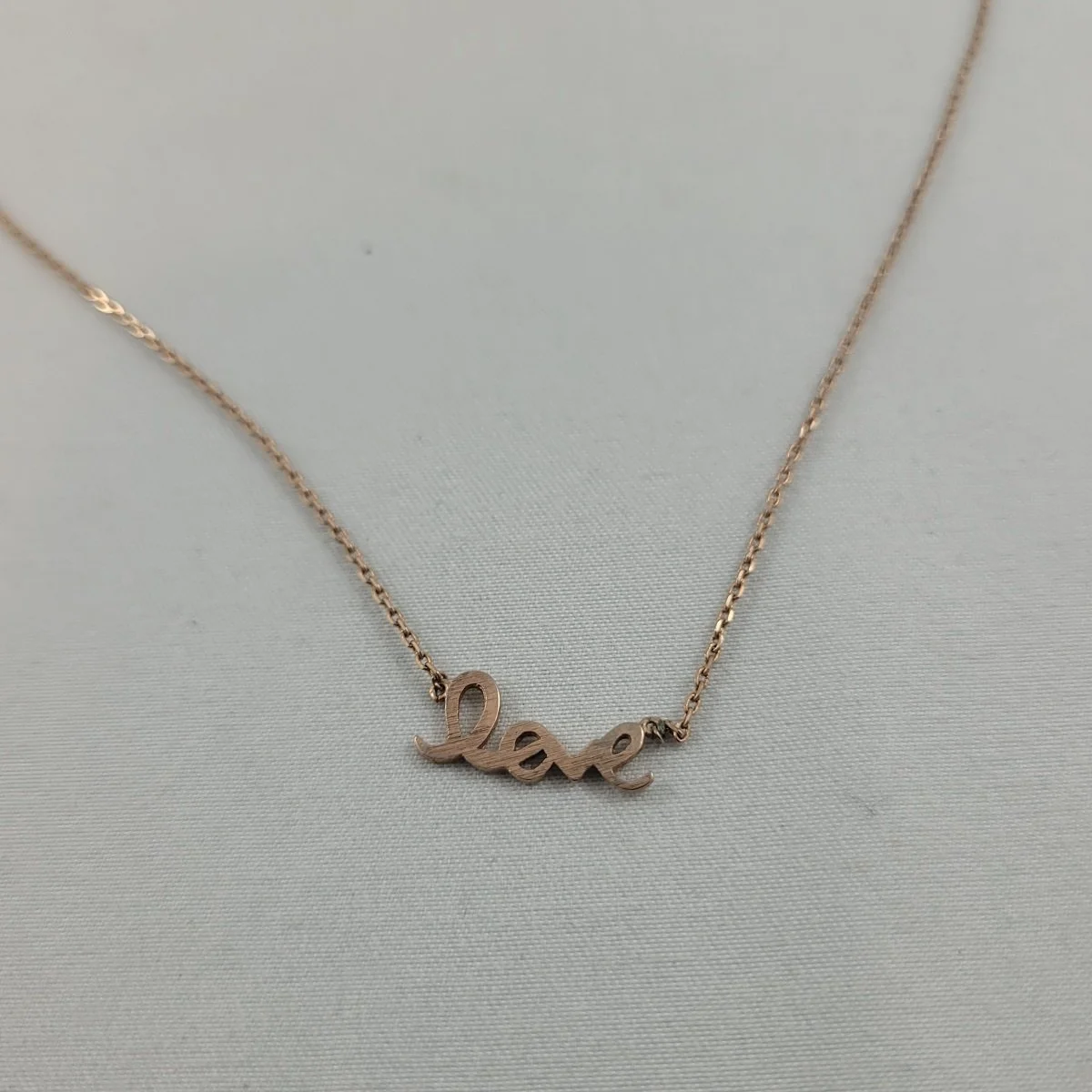1970's Gold-tone LOVE in Script Fixed Pendant Dainty Cable Chain 17.5 Inch Choker Necklace Close Up