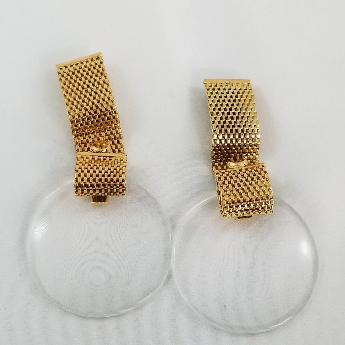 Postmodern Glam Woven Gold Flat Mesh Chainmaille Clear Lucite Disc Crystal Rhinestone Statement Clip-on Earrings -9.jpg (Copy)