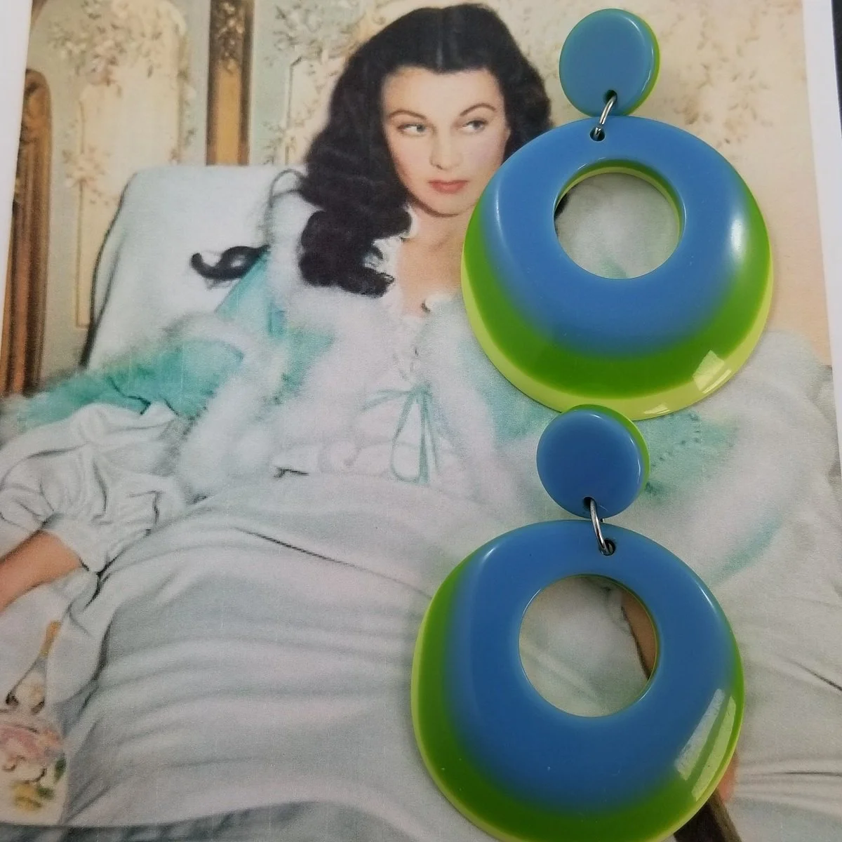 Lea Stein Paris Attributed Tri-Color Laminated Rhodoid Flat Tapered Drop Pierced Earrings -3.jpg