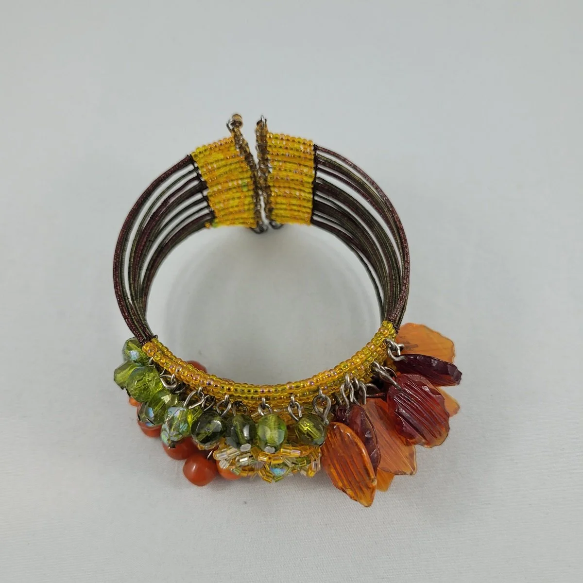 Haskell Hess Inspired Multi Strand Memory Wire Autumn Theme Glass Bead Cluster Leaf Drops Open Cuff Wrap Bracelet -6.jpg