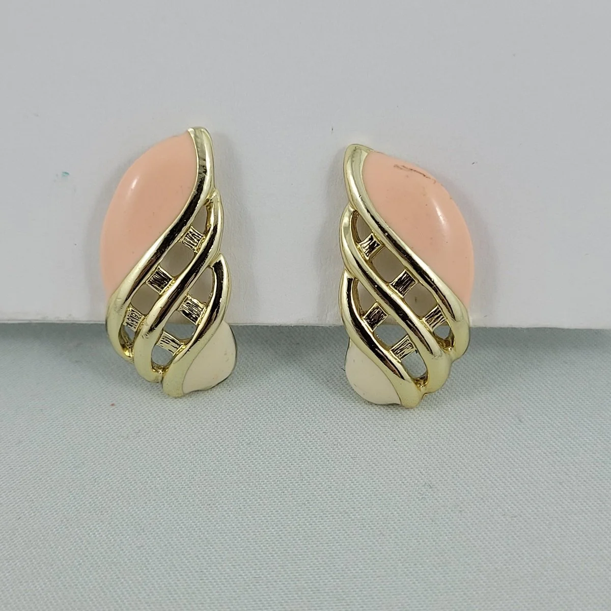Trifari Pink Cream Enamel Gold-tone Basketweave Pierced Earrings.jpg (Copy)