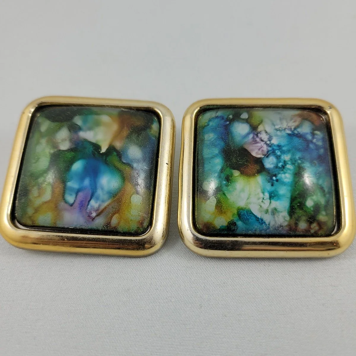 Statement Watercolour Dichroic 1.625 Inch Square Gold Plastic Clear Resin Domed Clip-on Earrings -2.jpg