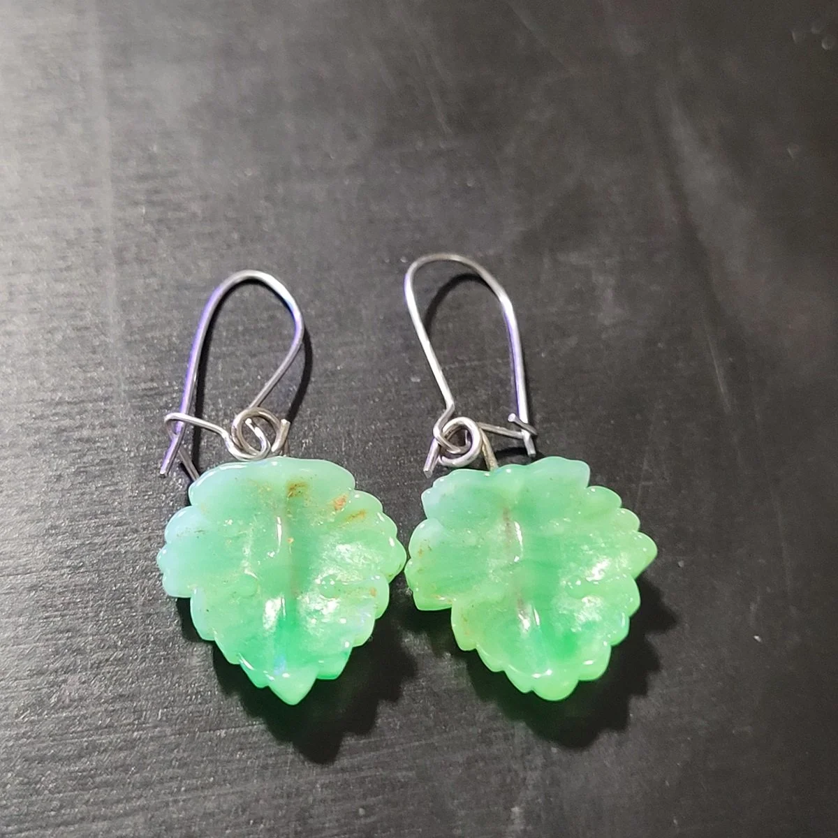 Josef Riedel Neugablonz Translucent Chrysoprase Green Glass Pressed Leaf Drop Pierced Earrings -9.jpg (Copy)