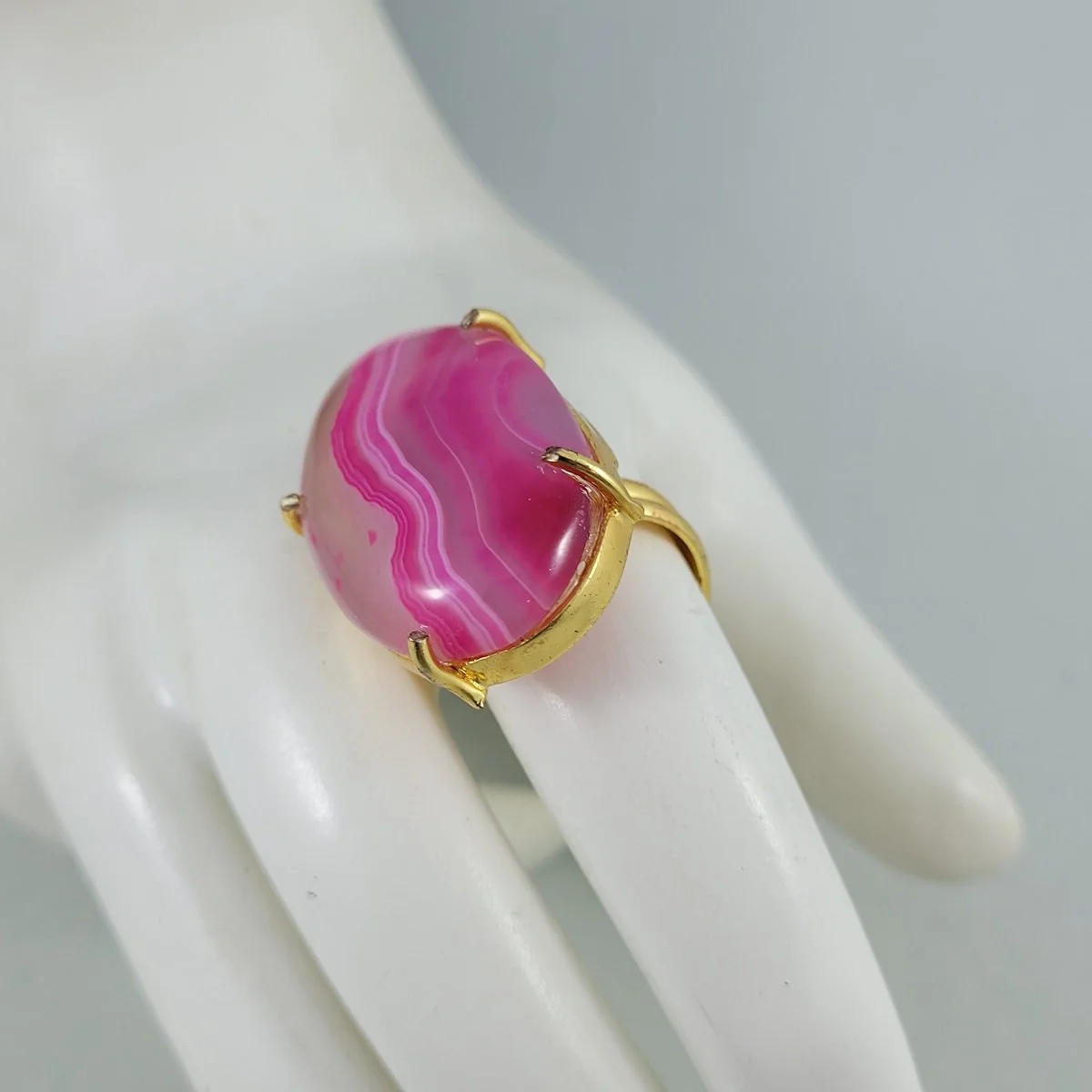 Genuine Oval Pink Agate Open Back Prong Set Gold Plated Copper Adjustable Ribbed Band Cocktail Ring -7.jpg