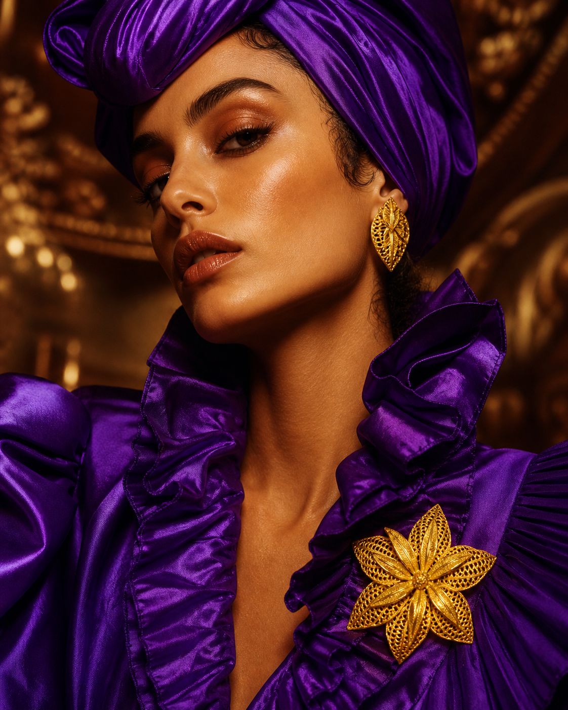 Coro 1950s Florentine Brushed Gold Filigree Flower Brooch & Leaf Earrings Set - Model.png (Copy)