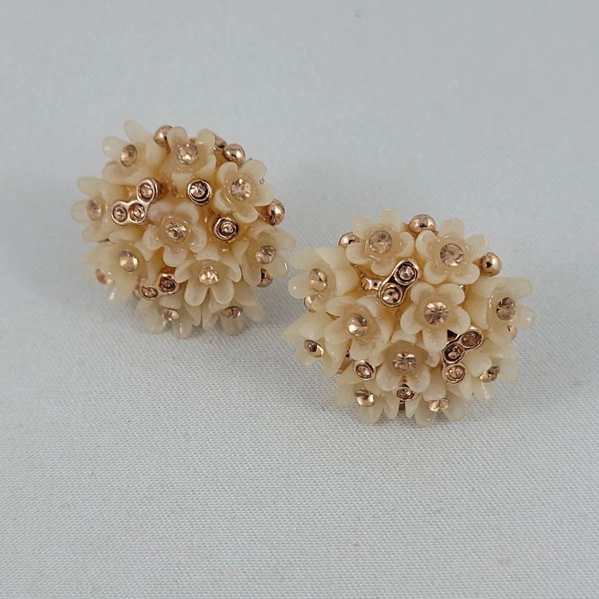 Rose-Gold Translucent Resin Rhinestone 1 Inch Flower Cluster Omega Clip Pierced Earrings.jpg