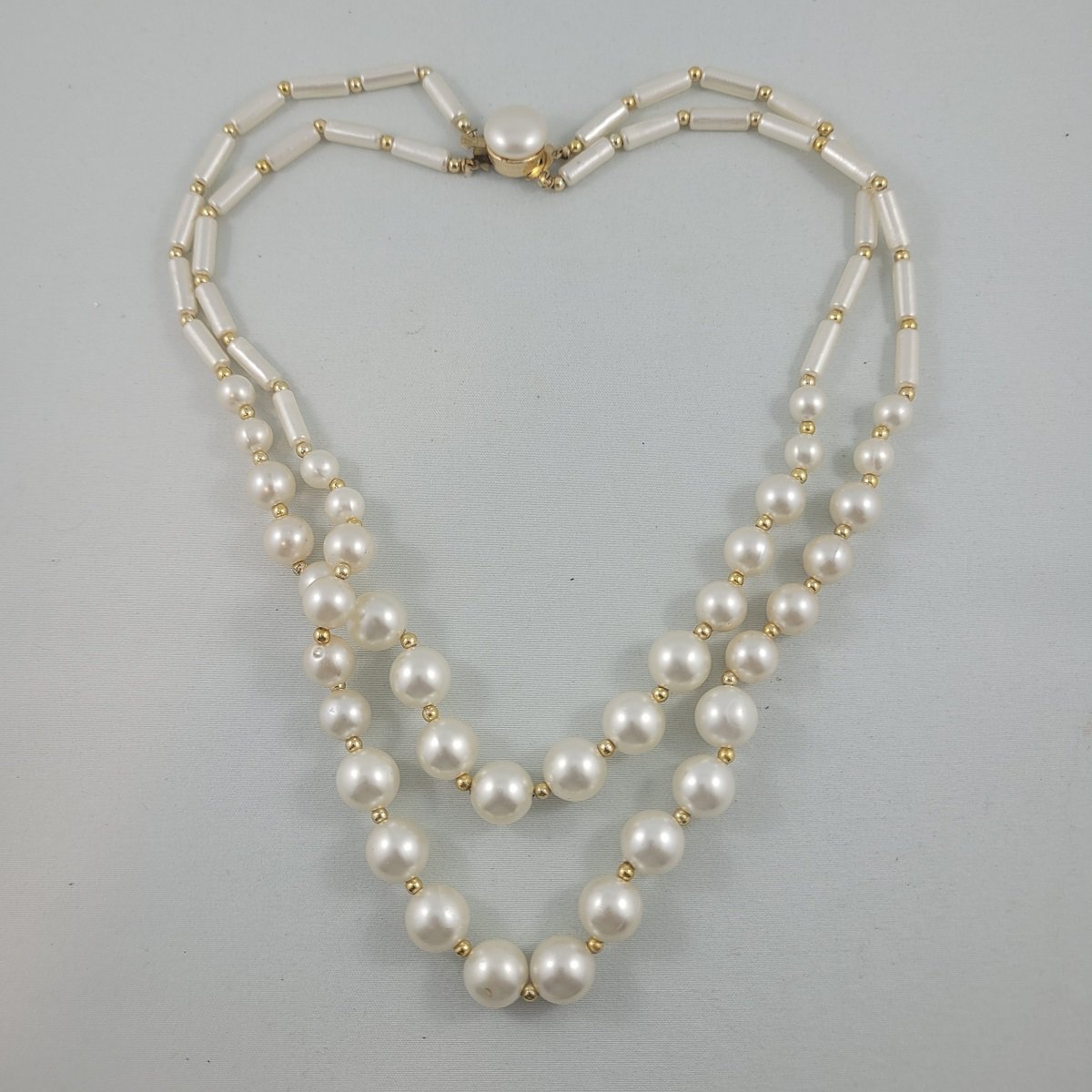 Hong Kong 1950's Double Strand Faux Pearl Tube Round Gold Bead Princess Necklace
