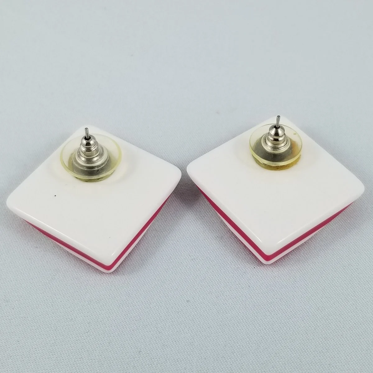Lea Stein Paris Attributed Hot Pink White Laminated 7mm Thick Rhodoid Diamond Square Pierced Earrings -3.jpg (Copy)