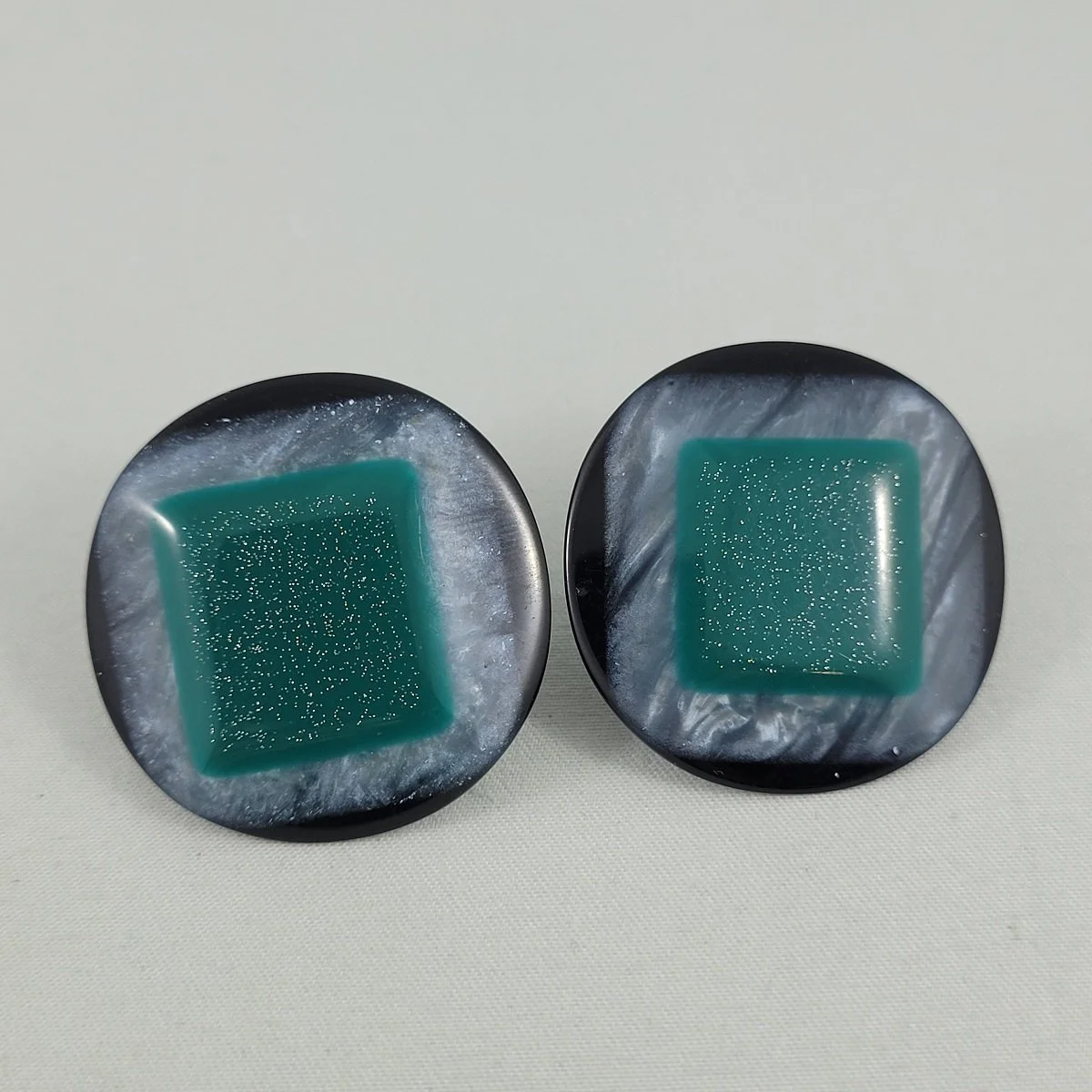 Lea Stein Paris Attributed Green Glitter Laminated Rhodoid Round Flat Pyramid Pierced Earrings