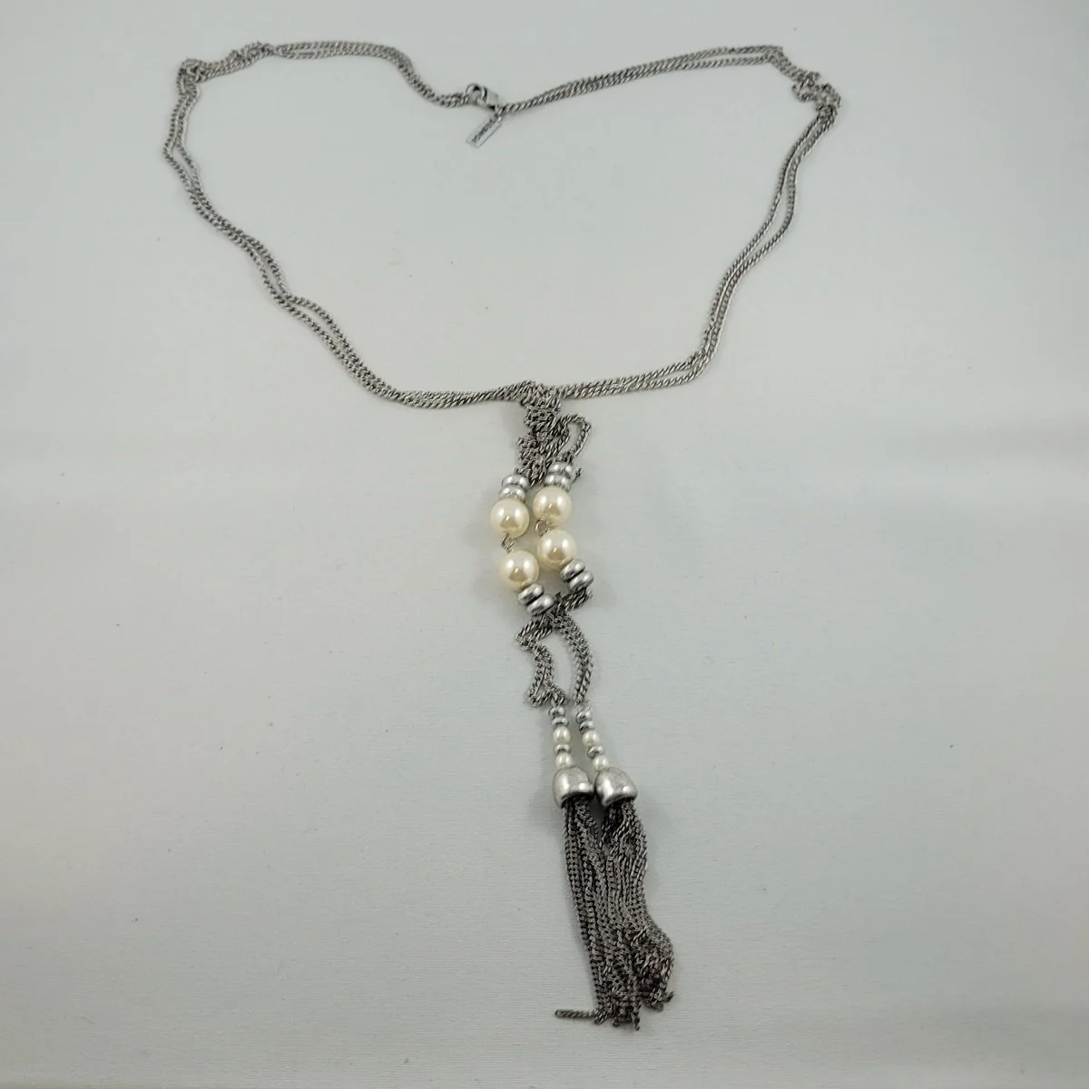 GEORGE Double Strand Silver-tone Curb Chain Faux Pearl Bead 28 Inch Flapper Style Sautoir Tassel Necklace