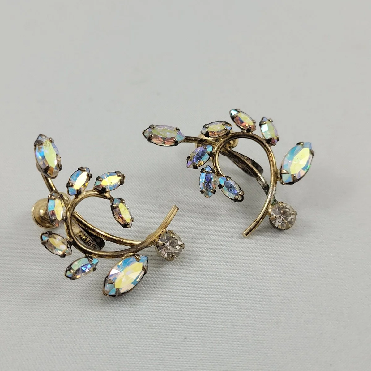 Jay Flex Sterling Aurora Borealis Marquise Chaton Rhinestone Leaf Swirl Screw-back Earrings -1.jpg (Copy)